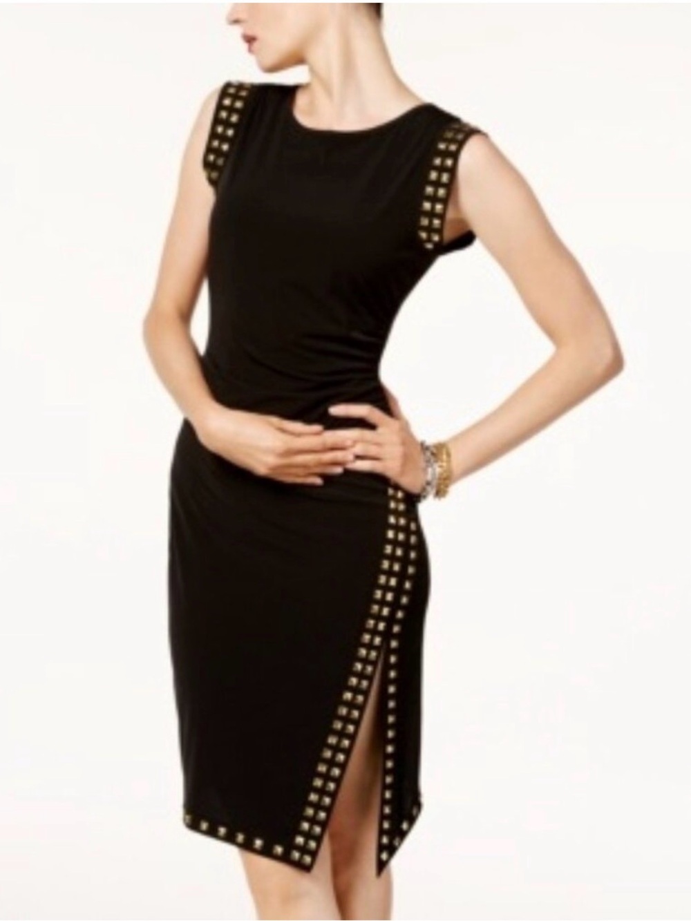 Michael Kors asymmetrical slit Black Stud-Trim Sheath Dress size L